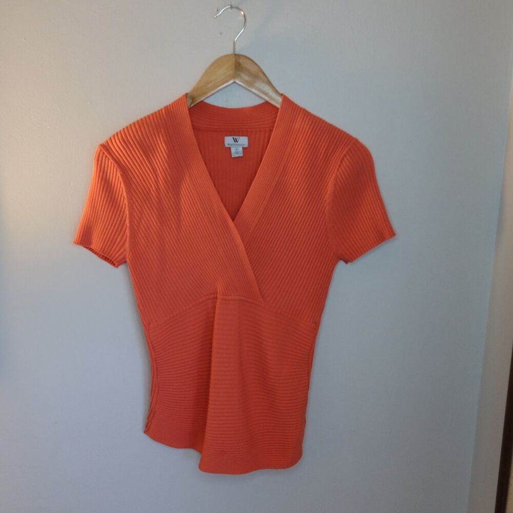 Worthington Sweater Womens L Orange V-Neck Short Sleeve Surplice Sleeves 90s